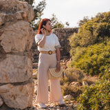 Pantalon Palazzo Femme Beige Ceinture