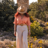 Pantalon Palazzo Femme Beige Ceinture