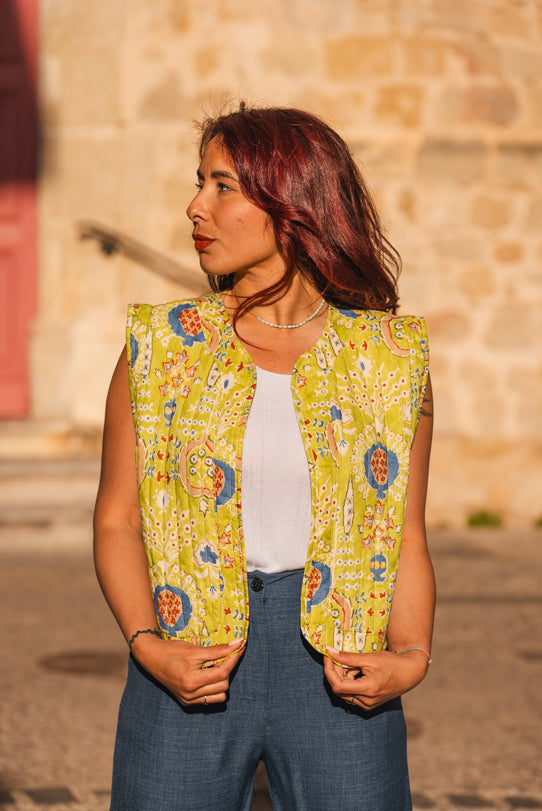 Gilet Sans Manche Femme Jaune Floral - Vitabohem