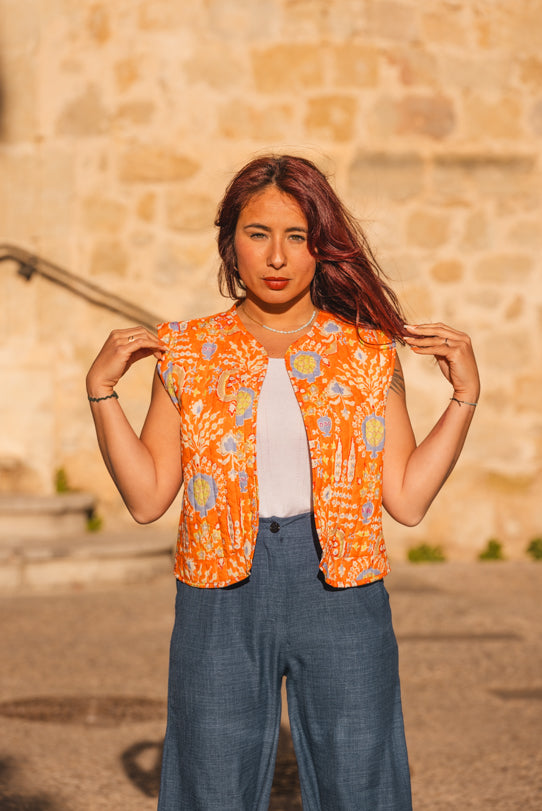 Gilet Sans Manche Femme Orange Floral - Vitabohem