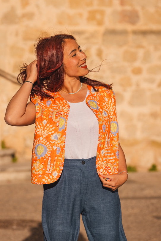 Gilet Sans Manche Femme Orange Floral - Vitabohem