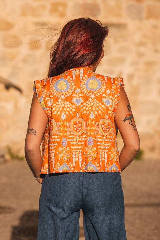 Gilet Sans Manche Femme Orange Floral - Vitabohem