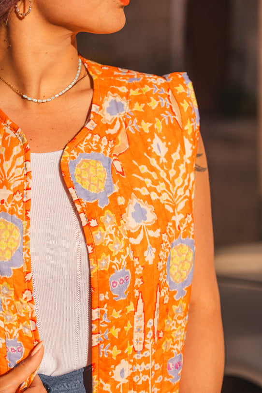 Gilet Sans Manche Femme Orange Floral - Vitabohem