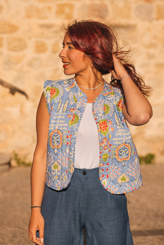 Gilet Sans Manche Femme Bleu Floral - Vitabohem