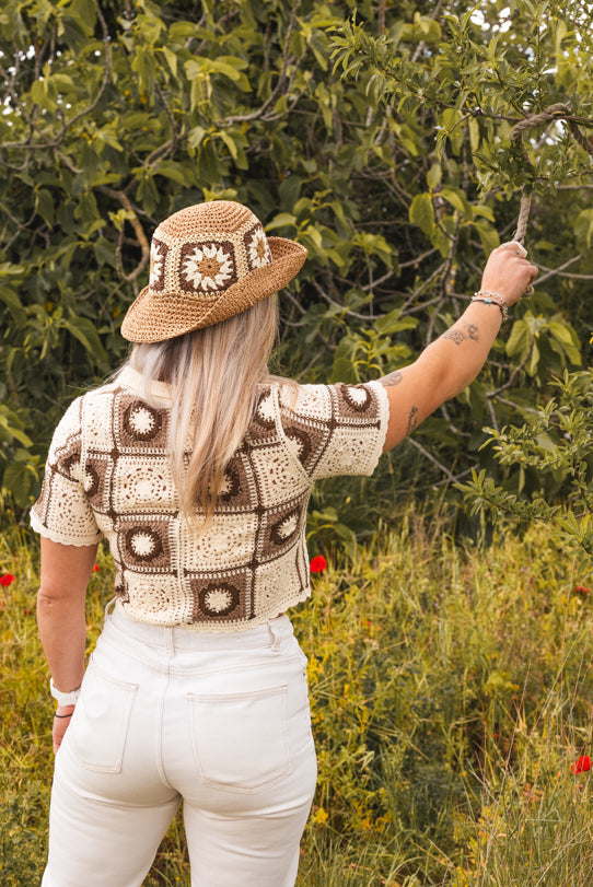 Crop Top Femme Marron en Crochet à Motifs - Vitabohem