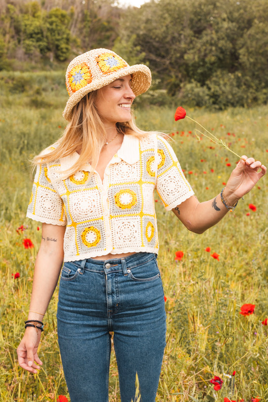 Crop Top Femme Jaune en Crochet à Motifs - Vitabohem