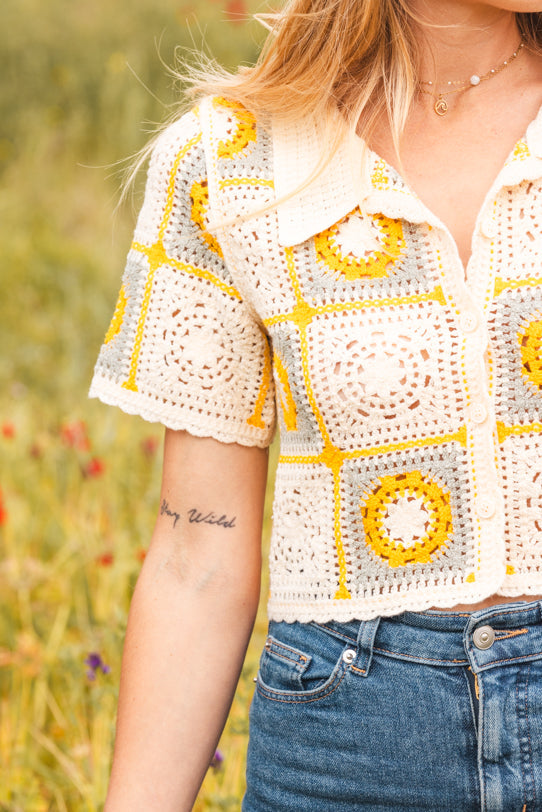 Crop Top Femme Jaune en Crochet à Motifs - Vitabohem