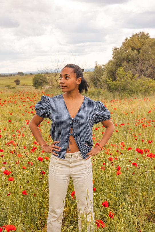 Top Femme Vichy Bleu Marine avec Noeud - Vitabohem