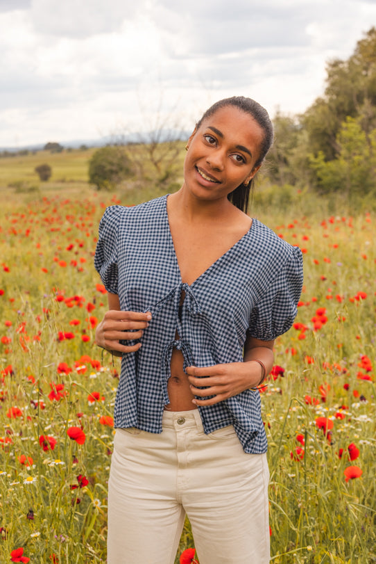 Top Femme Vichy Bleu Marine avec Noeud - Vitabohem