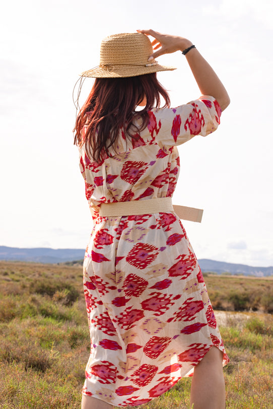 Robe Chemise Femme Rouge Motifs Maya - Vitabohem