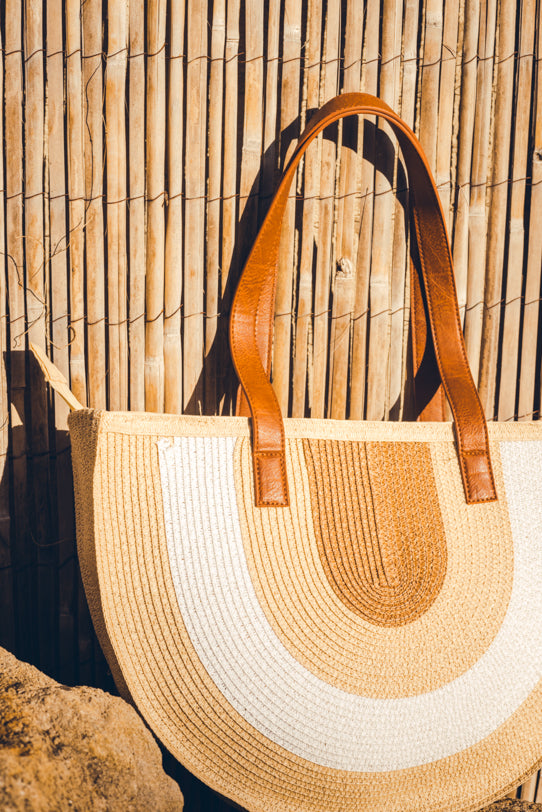 Sac à Main Beige Paille Tressée avec Poignées en Cuir - Vitabohem