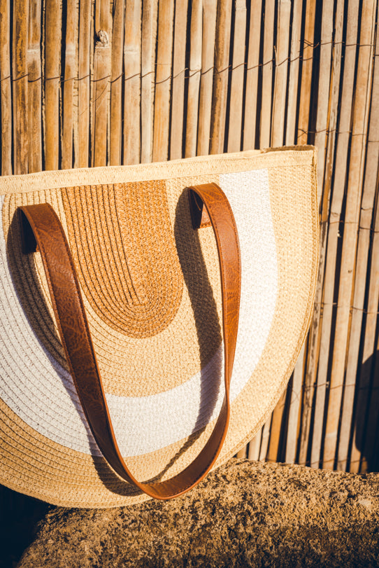 Sac à Main Beige Paille Tressée avec Poignées en Cuir - Vitabohem