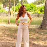 Pantalon Palazzo Femme Beige Ceinture